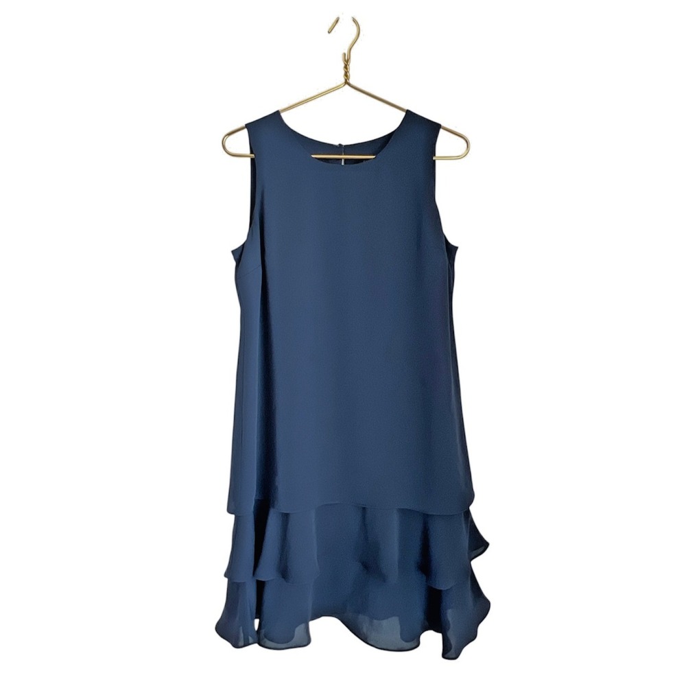 J Jill Wearever‎ Dress Womens S Petite Navy Blue Tiered Ruffle Hem Shift Classic